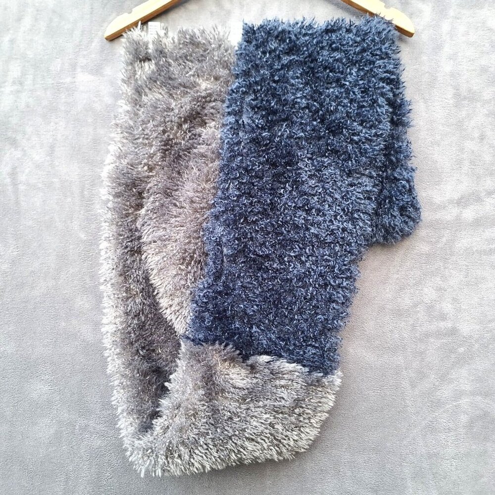 Anthropologie Faux Fur Scarf Blue Gray Colorblock Cozy Soft Boho 62" x 8" NWOT